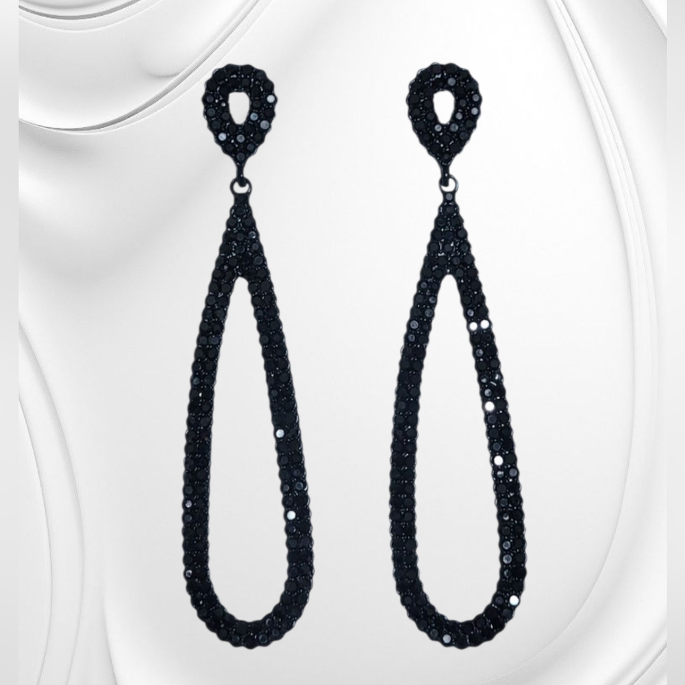 Elegant Long Black Crystal Teardrop Earrings New